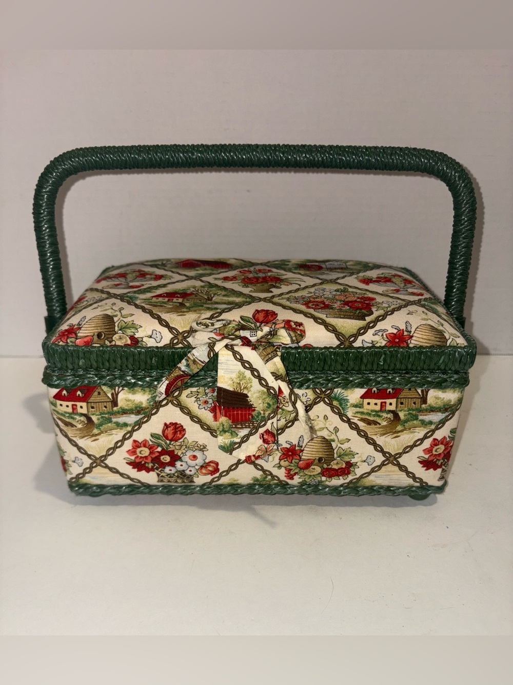 Vintage Floral Sewing Basket with Green Trim